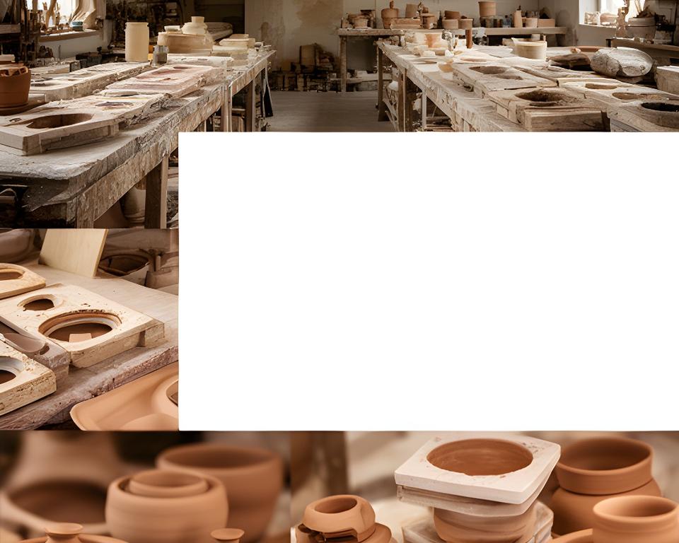 Historische Werkstatt mit Keramikformen und Ton auf Arbeitsbänken in Zürich